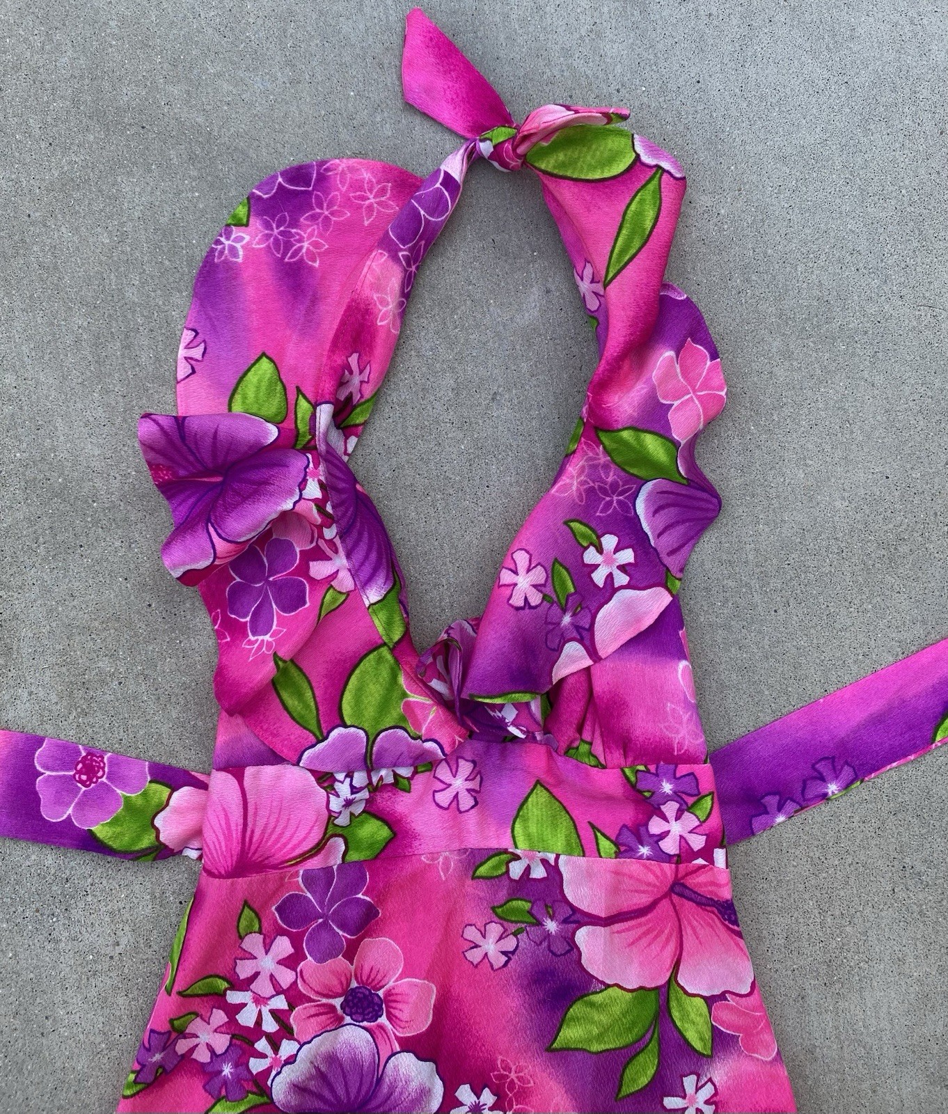 Vintage Pomare Hawaii Acrylic Hawaiian Halter Dress Ruffle Top Tiki Aloha Pink