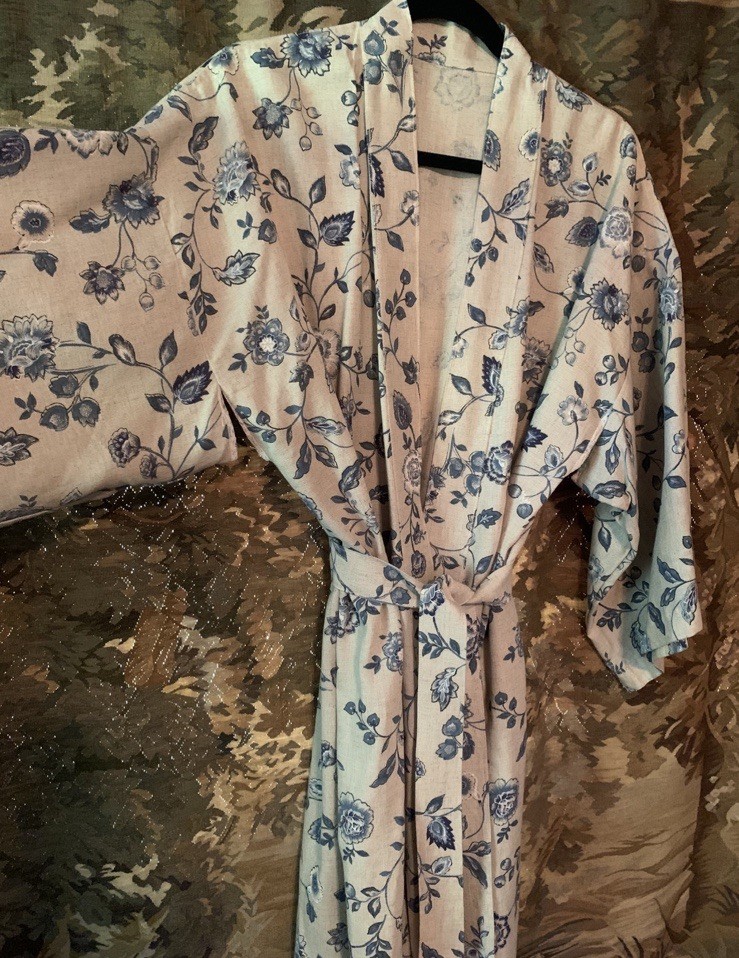 Vintage OOAK Linen Floral Maxi Full Length Kimono Wrap Robe Duster boho cottage