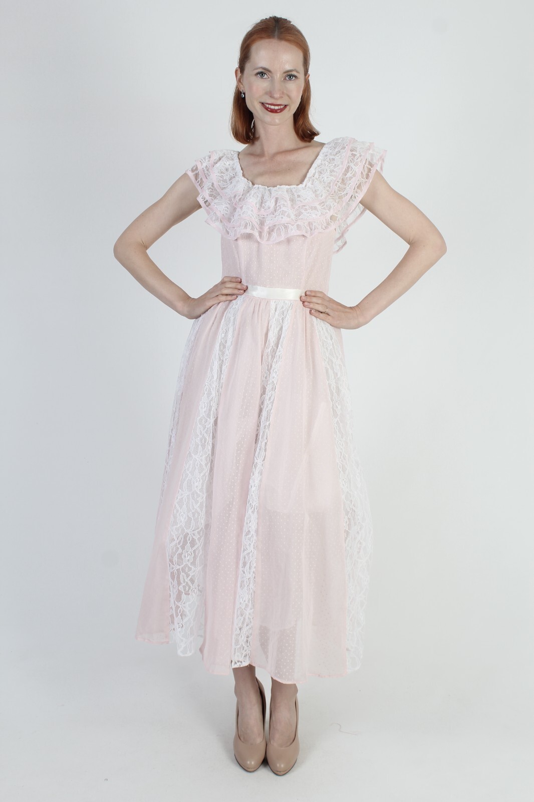 Vtg Pink Polka Swiss Dot Dress 70s Romantic Country Saloon Off Shoulder Dress