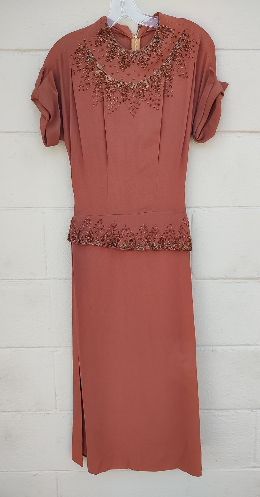 VTG 1940s Beaded Rayon Crepe Dress SZ Small Chest 32″ needs TLC Handmade