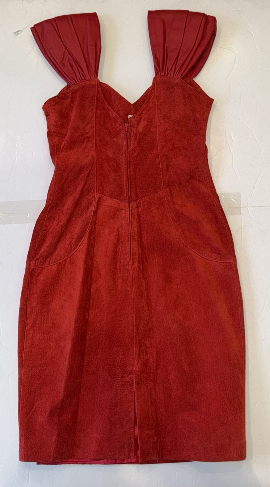 VTG 90’s Leather Ranch Red Mini Suede Cocktail Dress Padded Shoulders Sz 0 NWT