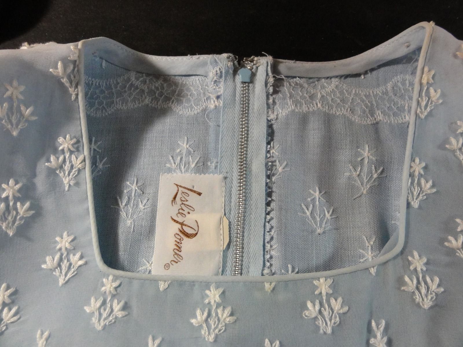 Vintage 1950s Baby Blue Garden Party Dress Lacy Floral Embroidery Summer Sheath