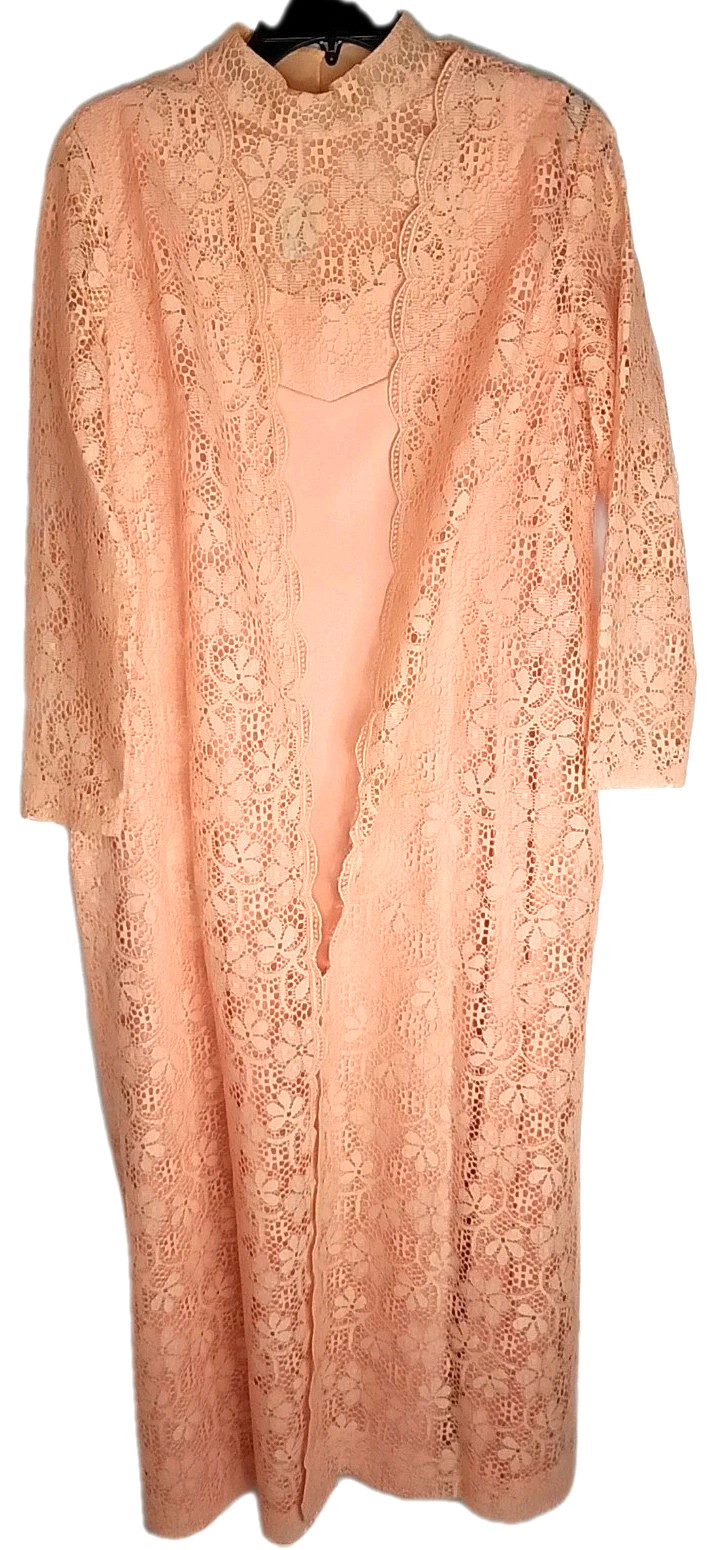 Vintage Miss Rubette Peach Floral Lace Long Robe Duster Jacket & Dress 1960s