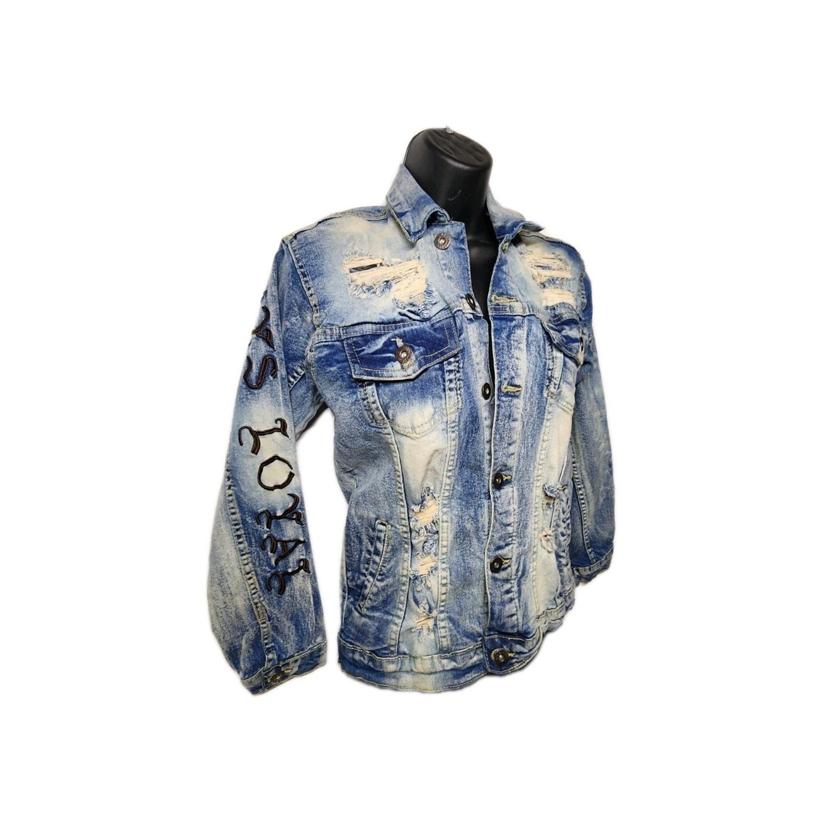Evolution in Design Denim Jacket Custome Distressed Street Wear 32 Inch Chest