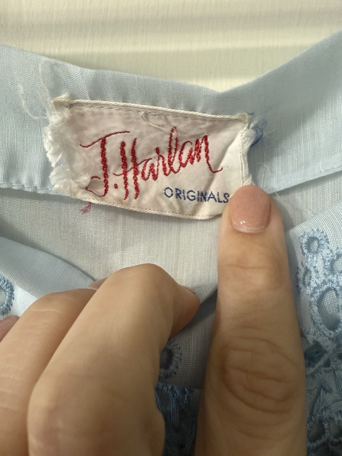 Vintage 1950s J. Harlan Originals Light Blue Embroidered Dress Sz 6 Missing Belt
