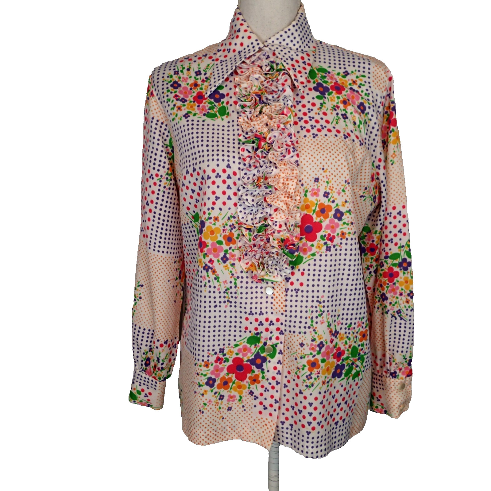 1960’ Button Up Blouse .vtg floral Terry Chicago Brand ruffle shirt top sz L?