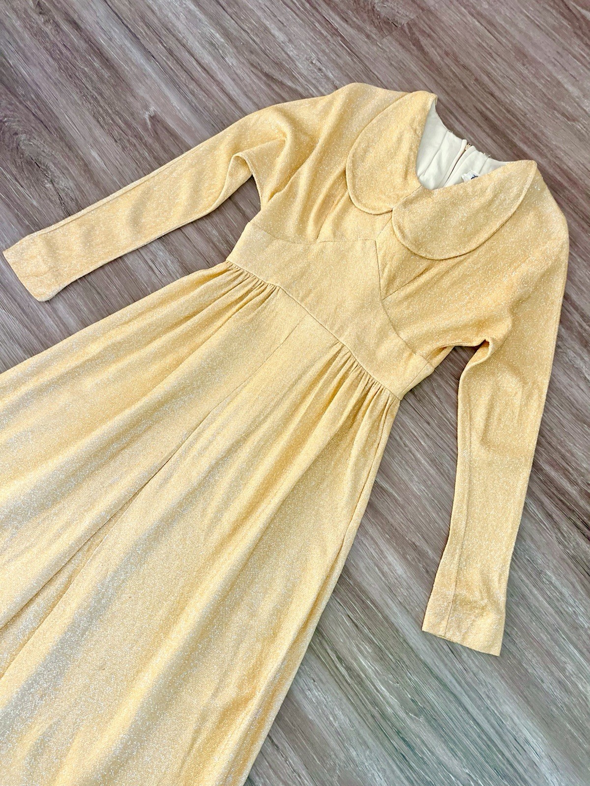 Vintage 1970s Gold Sparkly Dress Lurex Collar Glam Glamorous Maxi 70s Disco