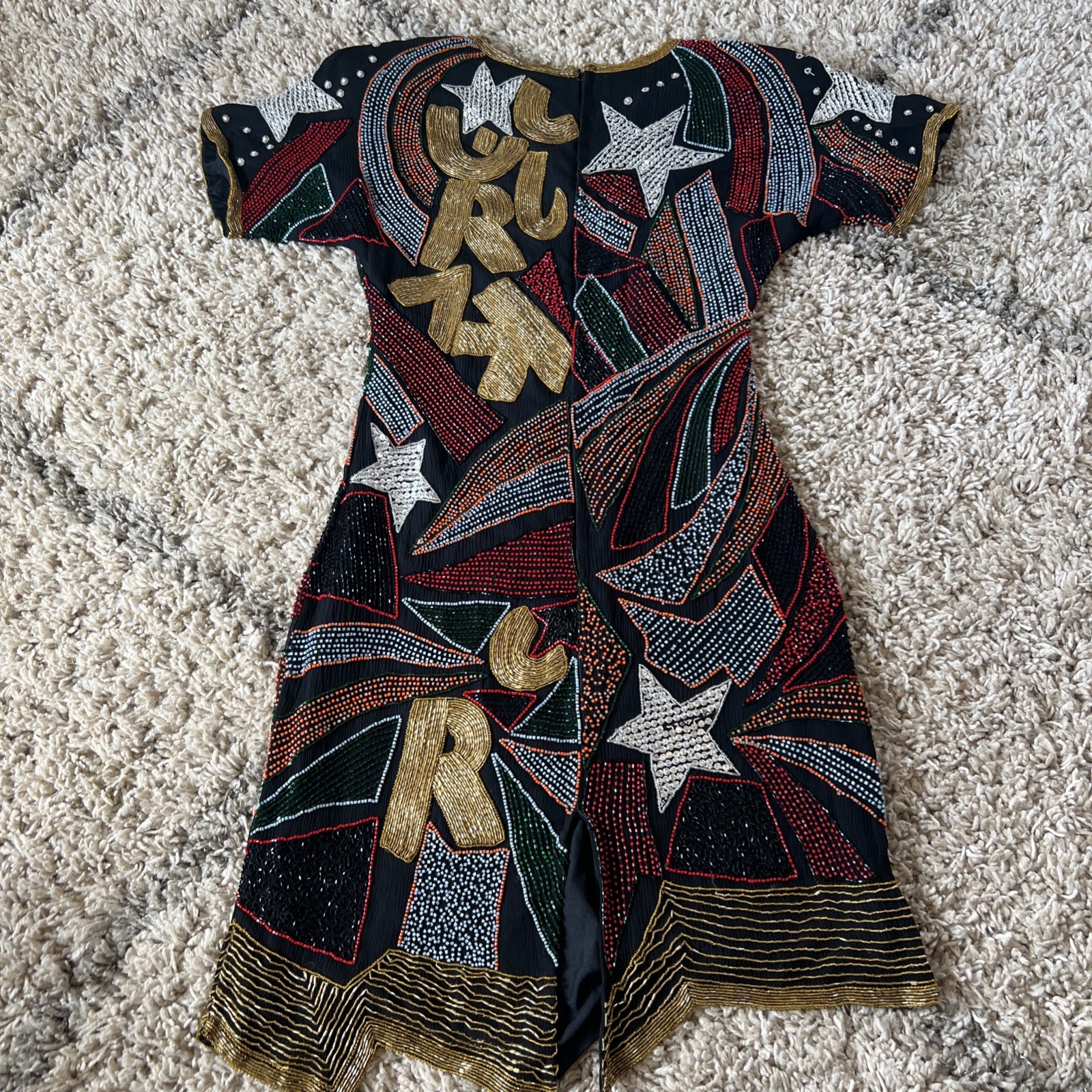 Vintage Retro Rainbow Sequin Alphabet Dress Glam Rocker Party Silk M Beaded
