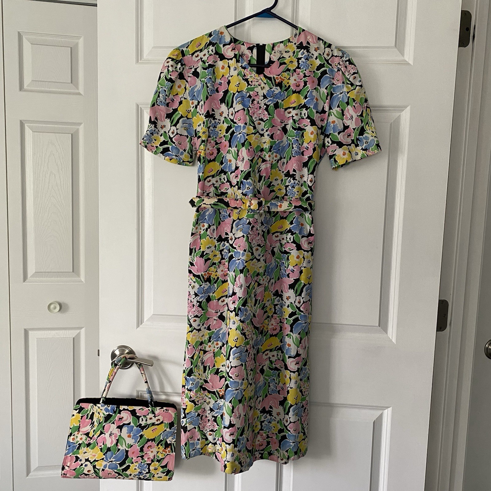VTG 60s 70s MARGARET SMITH Maine Sz 9 DRESS & HANDBAG Floral Pockets Belted EXC!