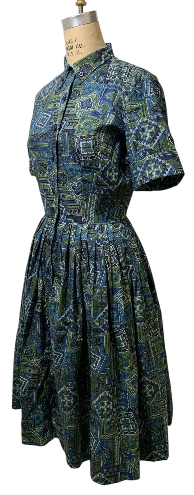 Vintage 60s Women’s SS Blue Green Paisley Cotton Shirtwaist Dress – Sz M