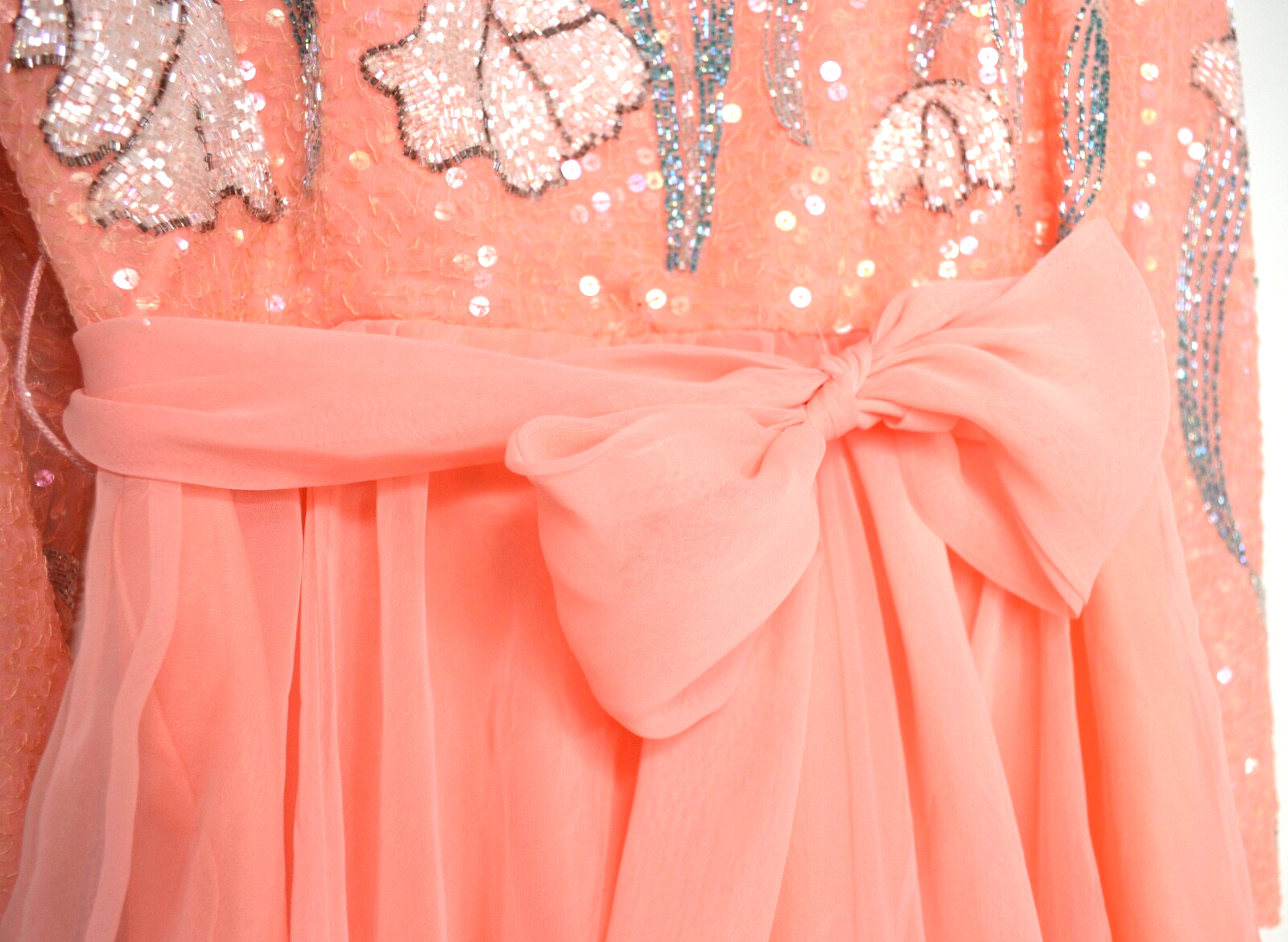 Romantic Vtg Jack Bryan Peach Chiffon Gown Sequins and Beads Long Sleeve Sz 10