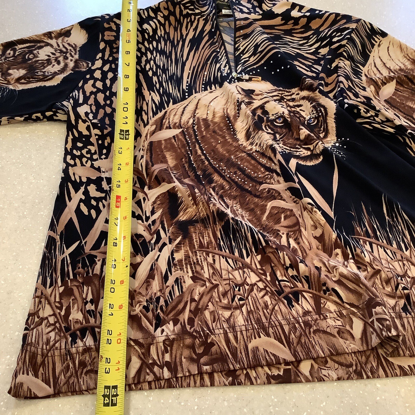 Vtg Jackets Galore By John Farah Top Large Leopard Tiger Print Bling 3/4 Sleeves