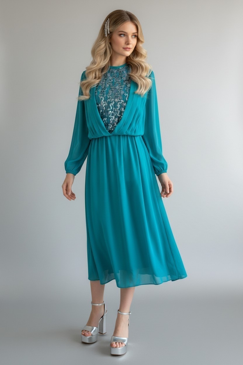 Vintage 70s 80s Cathy Sue Teal Sequin Illusion Midi Dress Pleated M/L