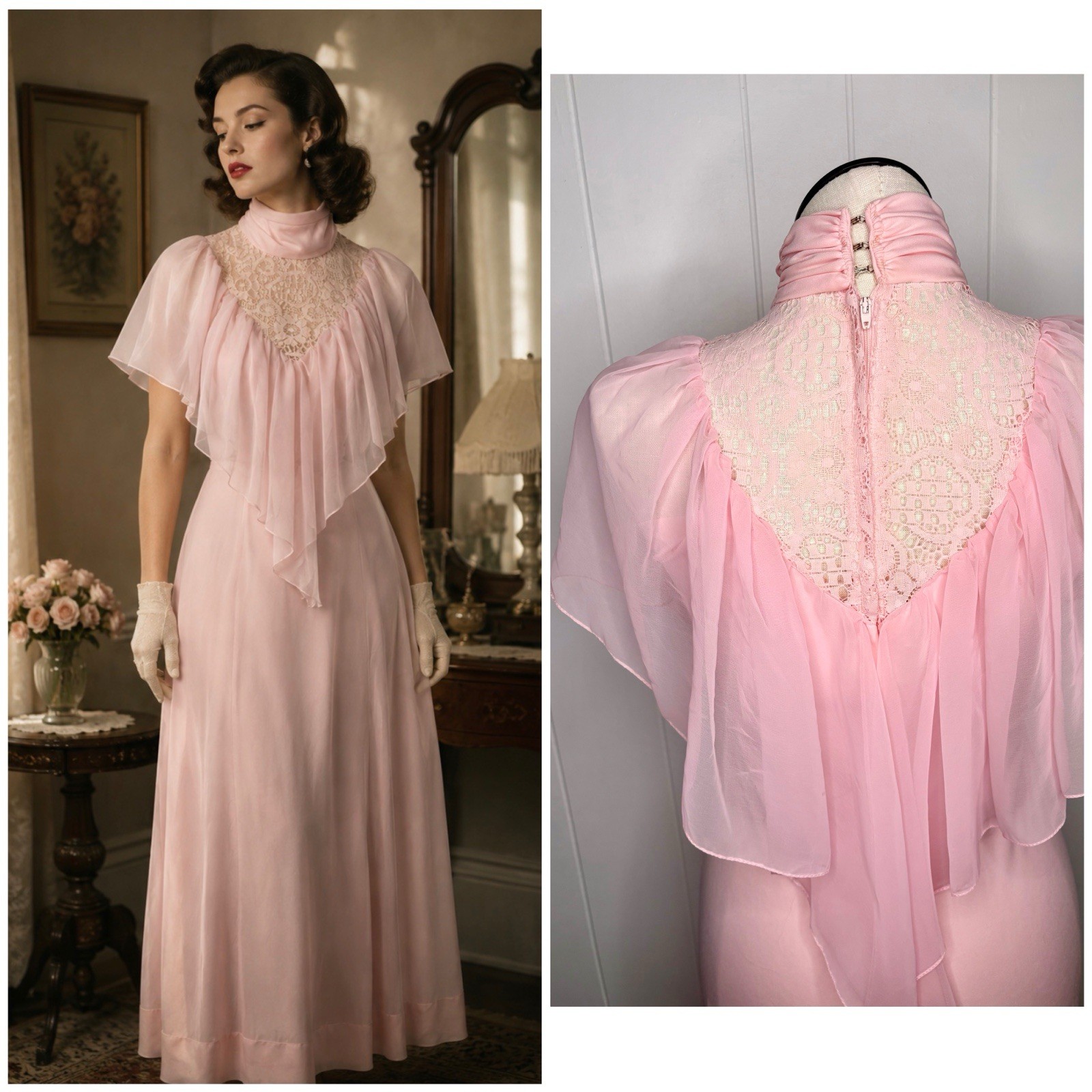 VINTAGE 1970s Flutter Pink Maxi Dress Lace Romantic Union Made Cottagecore 70’s