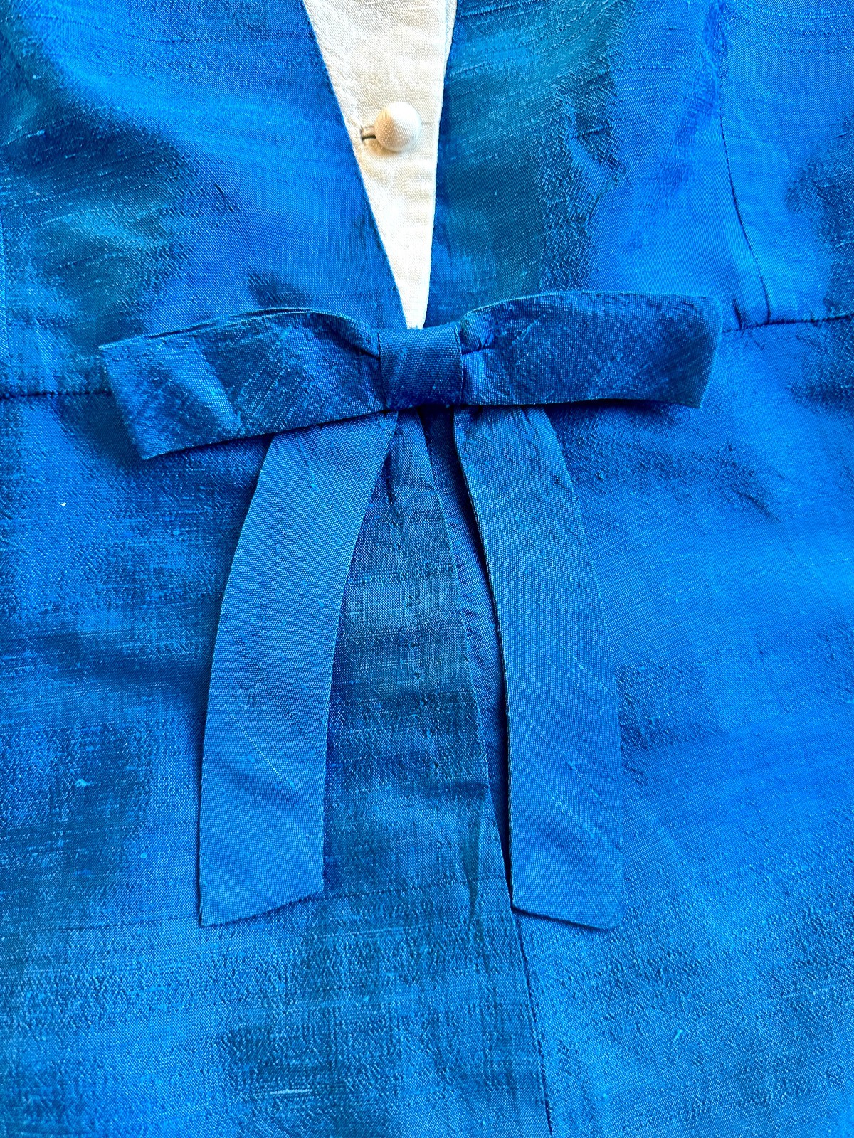 Luxury 1960s Thai Silk Dress Bangkok Hand Tailored Couture Blue White Size M