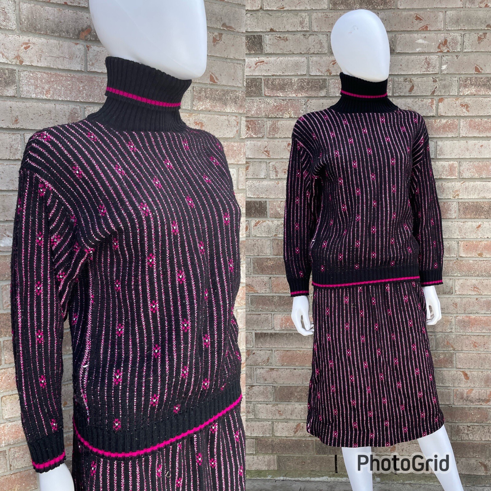 Sweater Skirt Set Medium turtleneck knit pink black bear crossing High Neck ReAD
