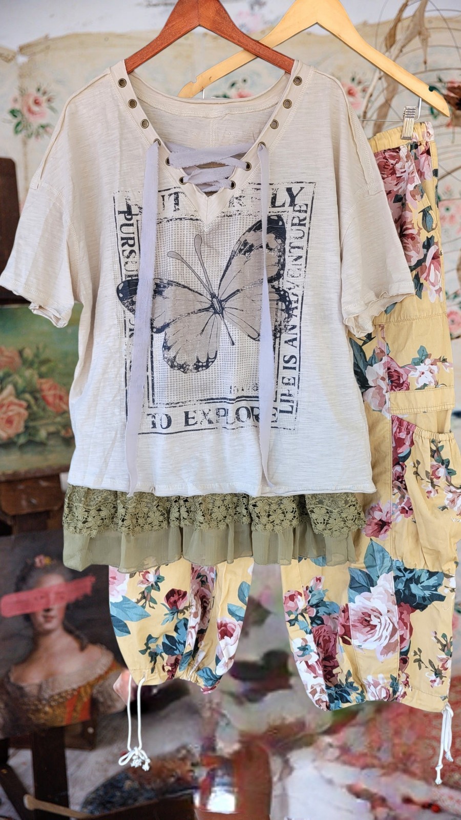 Free People Magnolia Style Cream Cotton hippie boho t-shirt top blouse shirt L