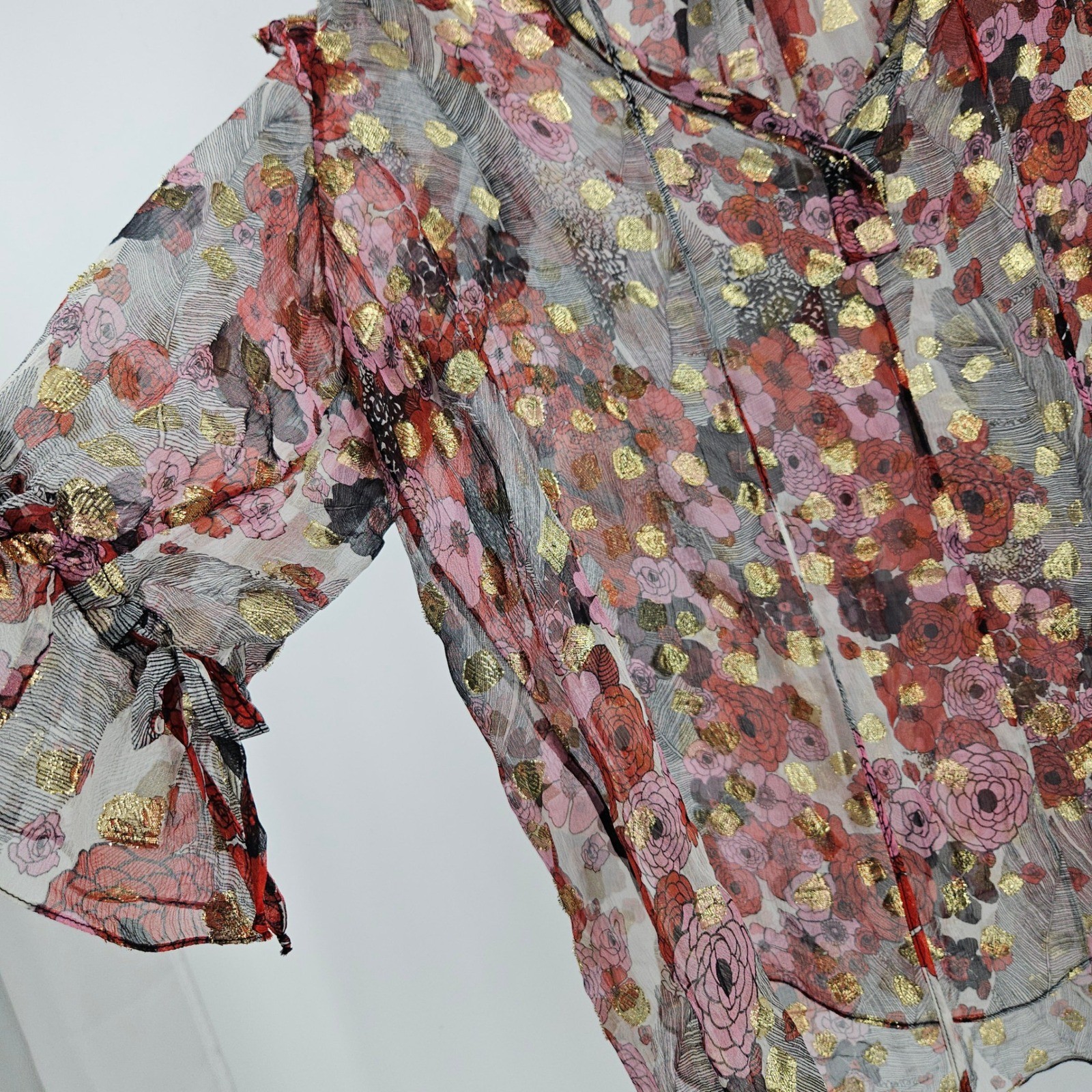 Alexander McQueen Silk Sheer Floral Blouse Maroon Gold Metallic Ruffle Peasant