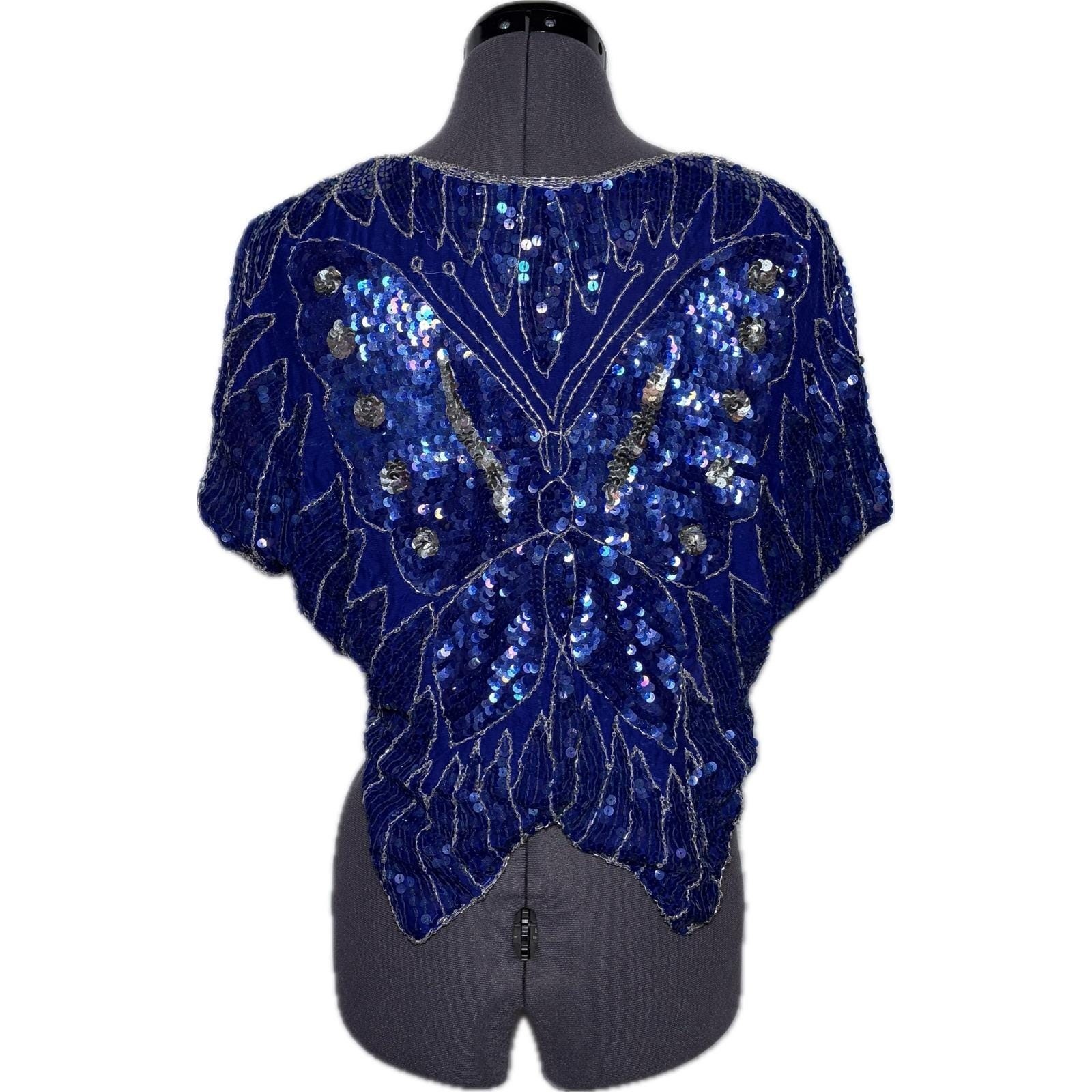 Vtg 70s Blue Butterfly Sequin Beaded Silk Top Disco Party Blouse B40 W30 S DMG