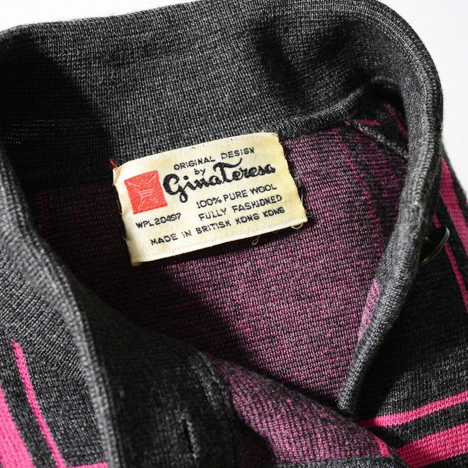 60s Vintage 100%Wool Hot Pink Knit Jacket Womens M Band Collar Plaid Sweatercoat