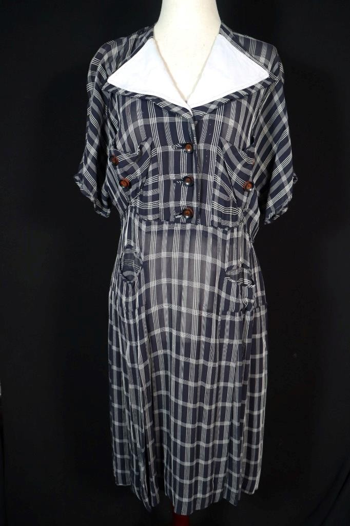 Vintage 1940’s WWII Era French Dark Blue & White Sheer Rayon Dress Size 14+