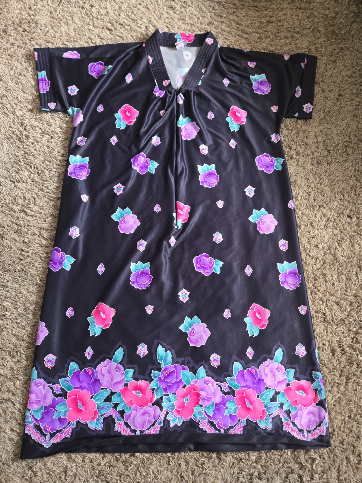 Granada Vintage Zip Front Caftan Robe Black Floral Maxi USA One Size Pocket