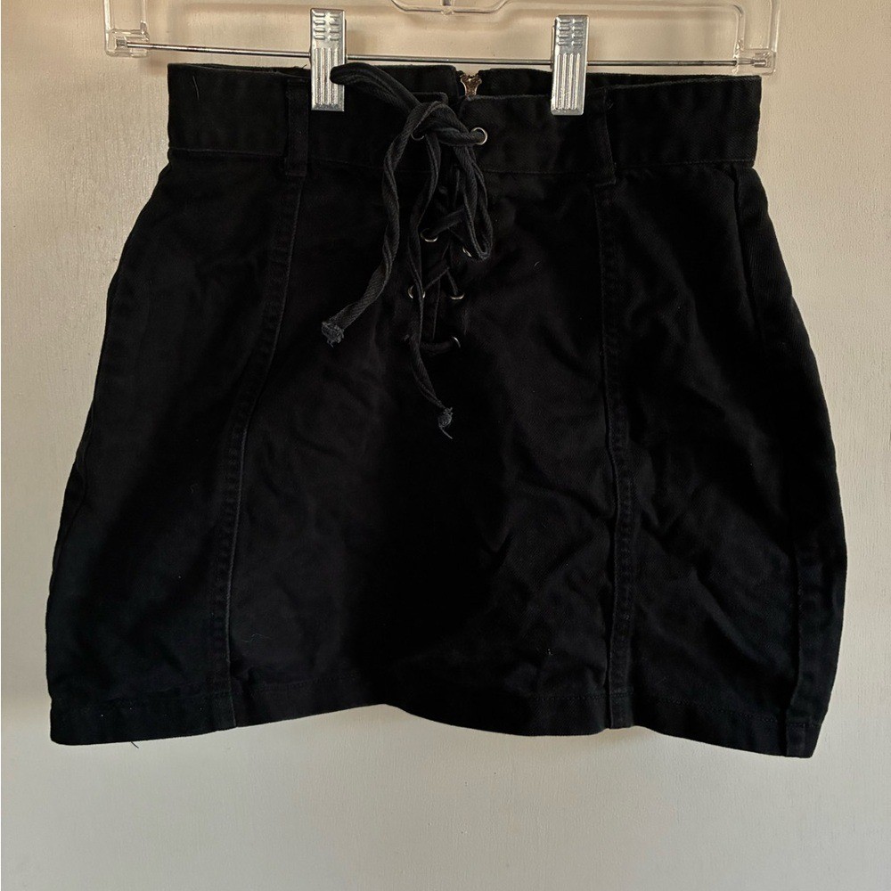 Forever 21-Skirt Black Denim LaceUp Y2K Retro Casual Club Dance Boho Sz Small