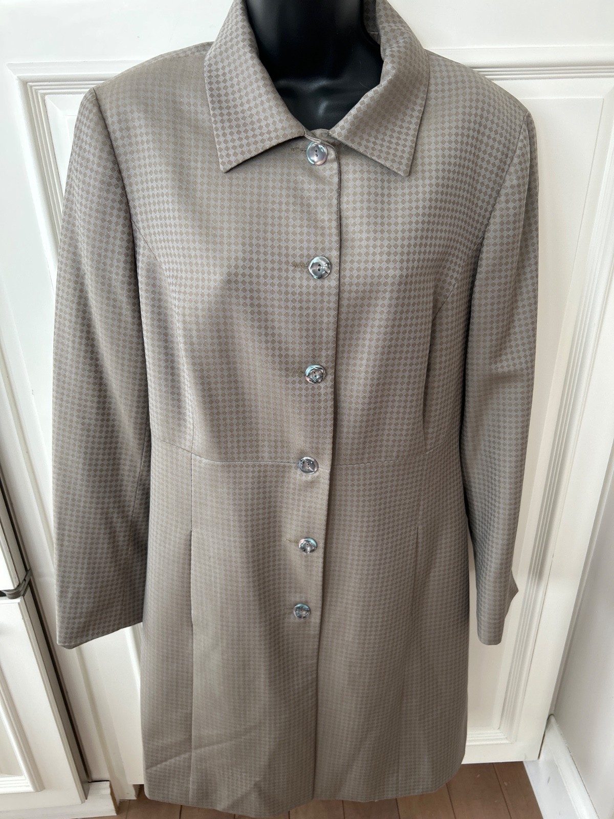 RARE VINTAGE Barry Bricken Midi Silk?? Tan/Taupe Diamond Spring Coat LARGE fit