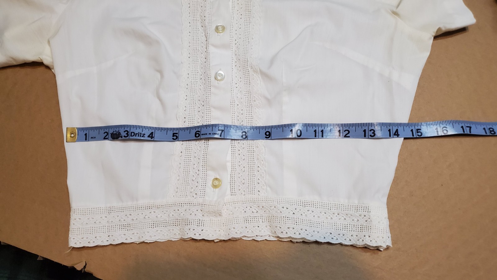 Vtg Terry Styled Chicago White Crop Top Lace Insert Trim Midriff Pinup Blouse