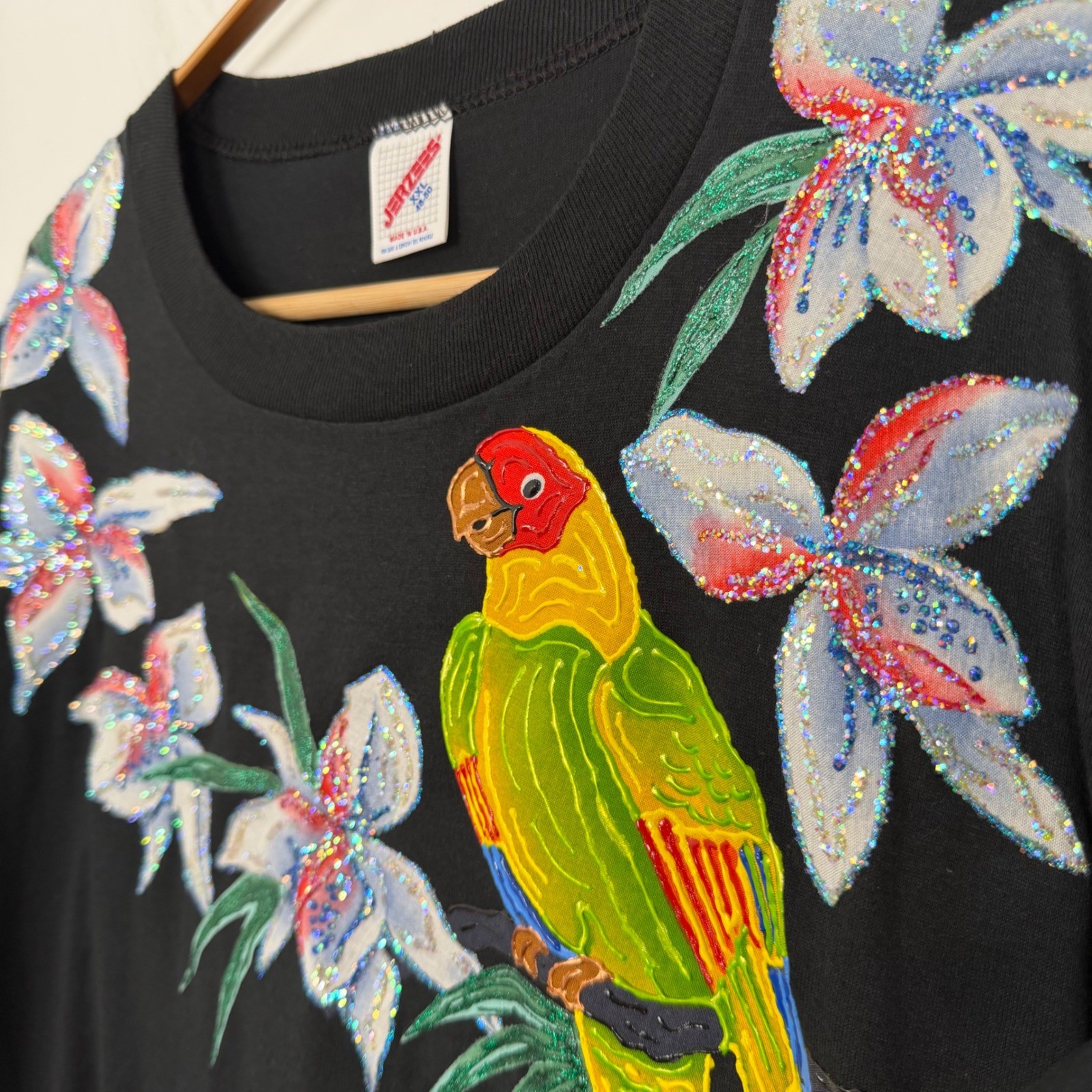 Vintage Jerzees Tropical Wearable Art Parrot Glitter T-Shirt Dress Black XXL 90s
