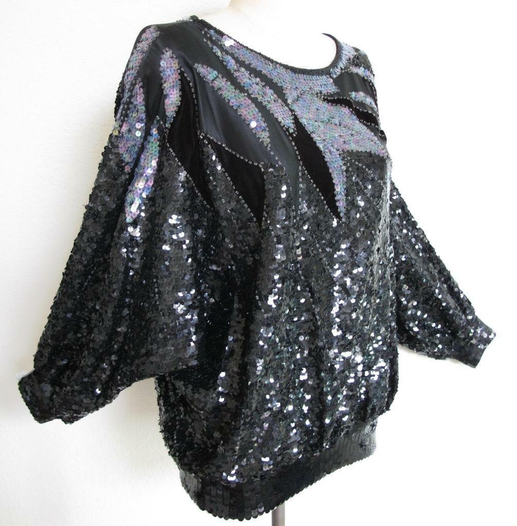 Vintage Silk Beaded Sequin Batwing Top M 80s Blouson Black Velvet Three Flaggs