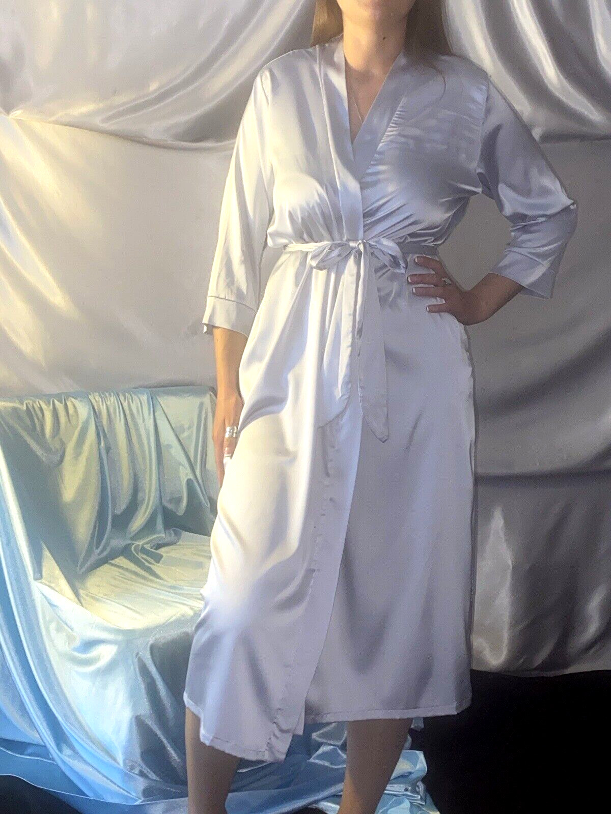 VTG SILVER SATIN FROSTY 42 44 LINGERIE Babydoll Nightgown ROBE L/xl