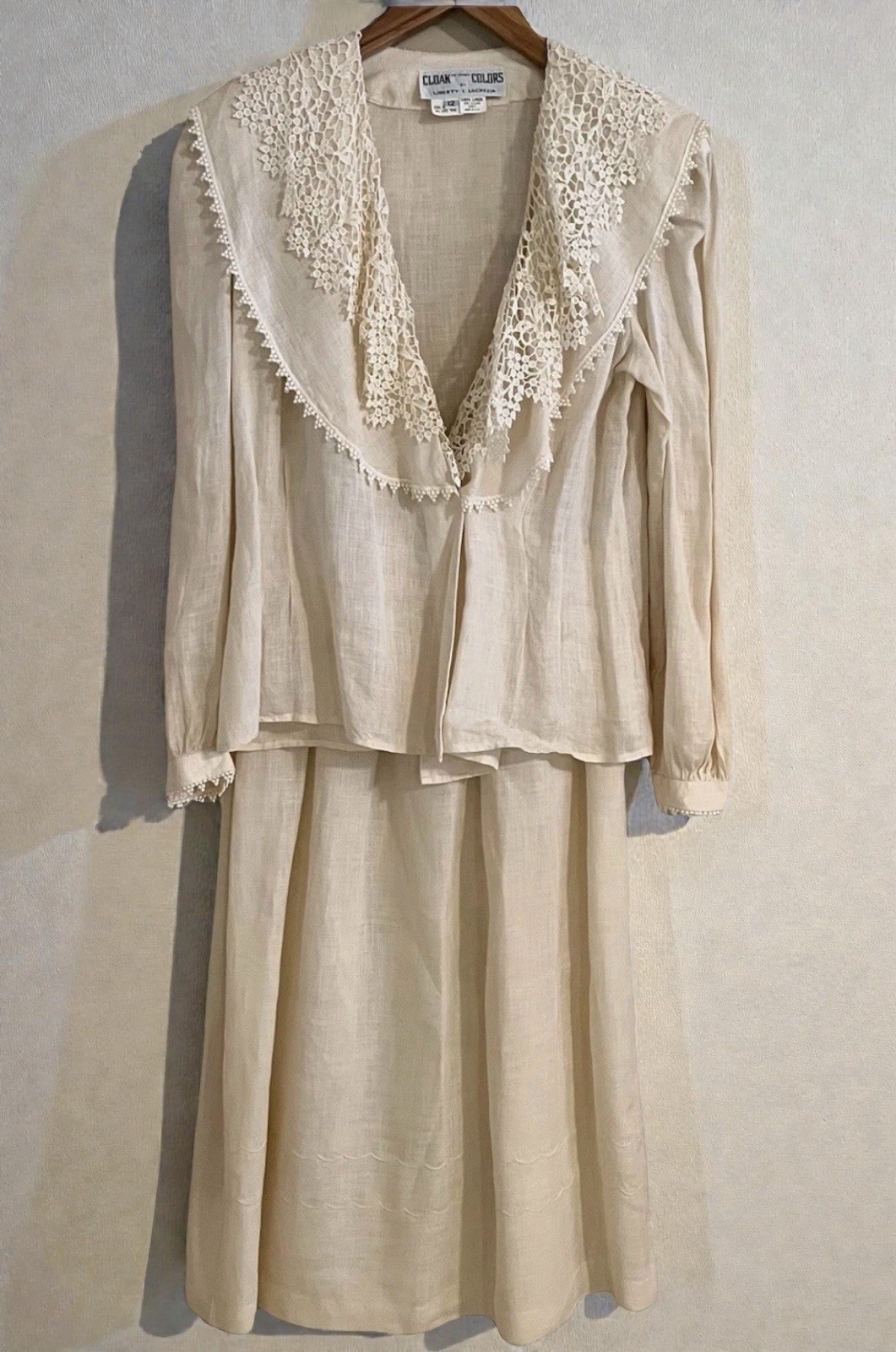 VTG Cloak of Many Colors Women’s 10 Linen Midi Skirt Set Ivory Crochet Victorian