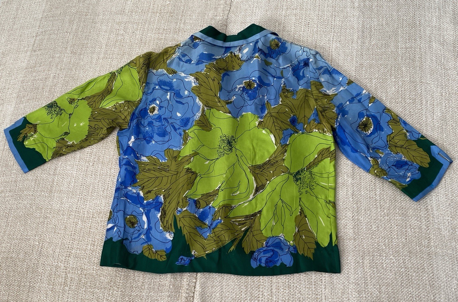 Vintage Silk Vera Neumann Blouse shirt 3/4 Sleeve Olive Blue Floral