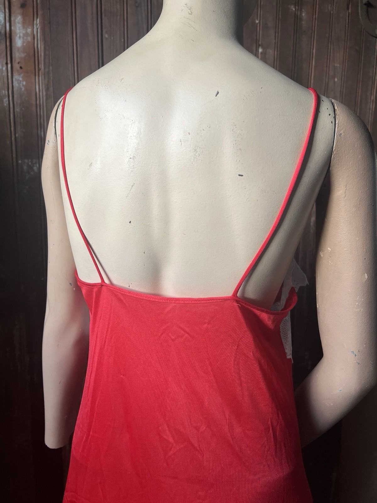 Vintage 70s Red Lace Slip Gown Frills Spaghetti Strap Prairie Nylon
