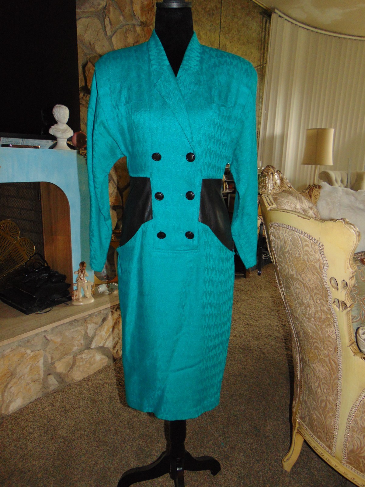 Vintage 80s NAFTA – LINE Dress France Fitted Secretary Geek Green Black 38/8 US