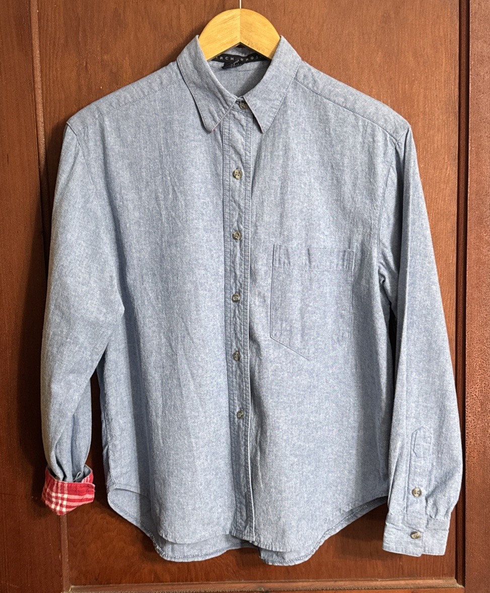 Vintage 90s Birch Bros Chambray Shirt Medium Made in USA Plaid Contrast Petite