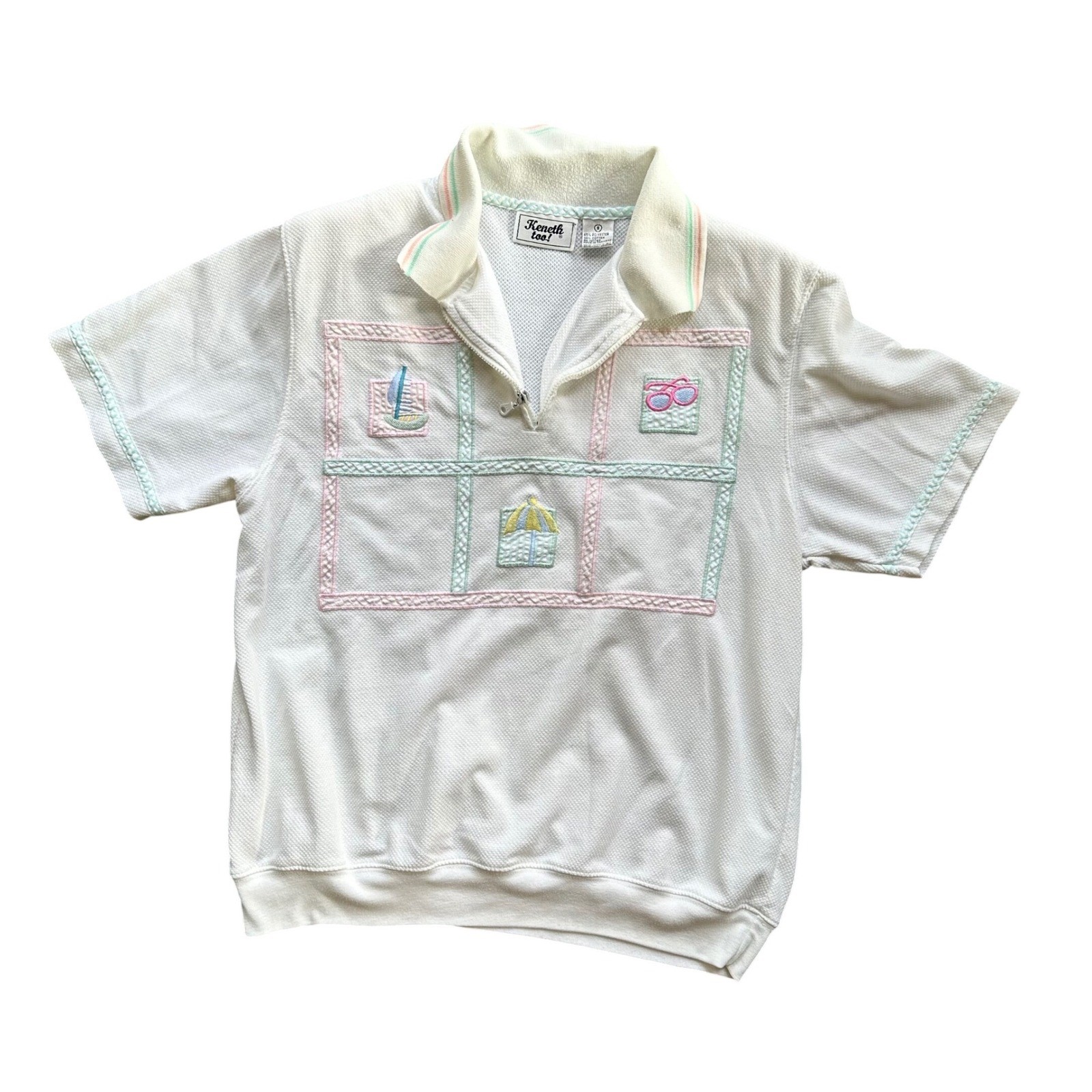Vintage Keneth too! Women White Beach Embroidered Quarter Zip Polo Top Small