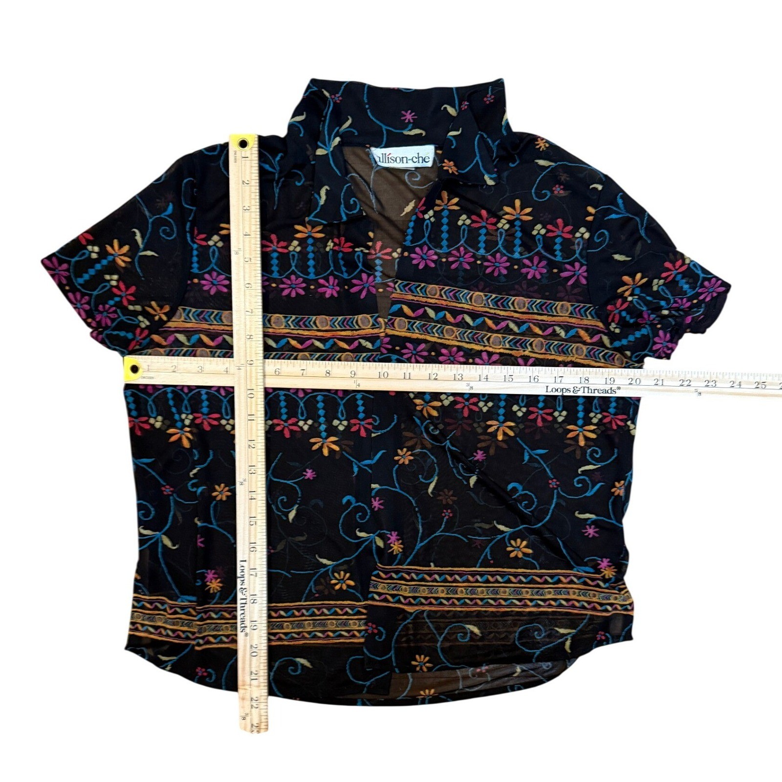 Allison-Che Vintage Button Up Blouse Women Size 12 Black Multi Color Sheer