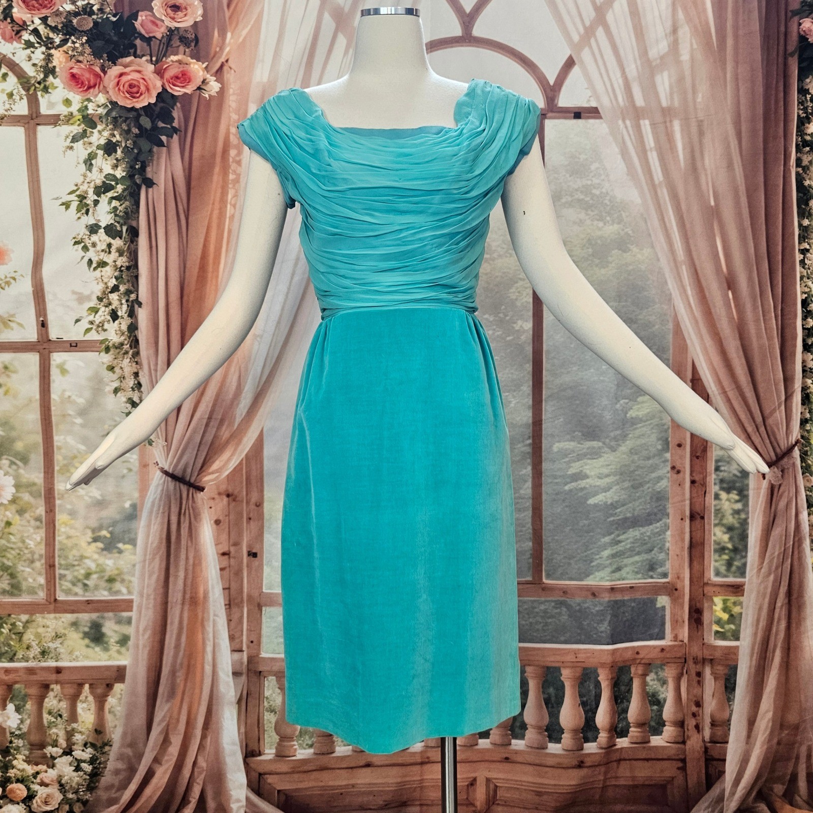Vintage 1950s Dress Jay Herbert California Teal Ruched Draped Cocktail Formal