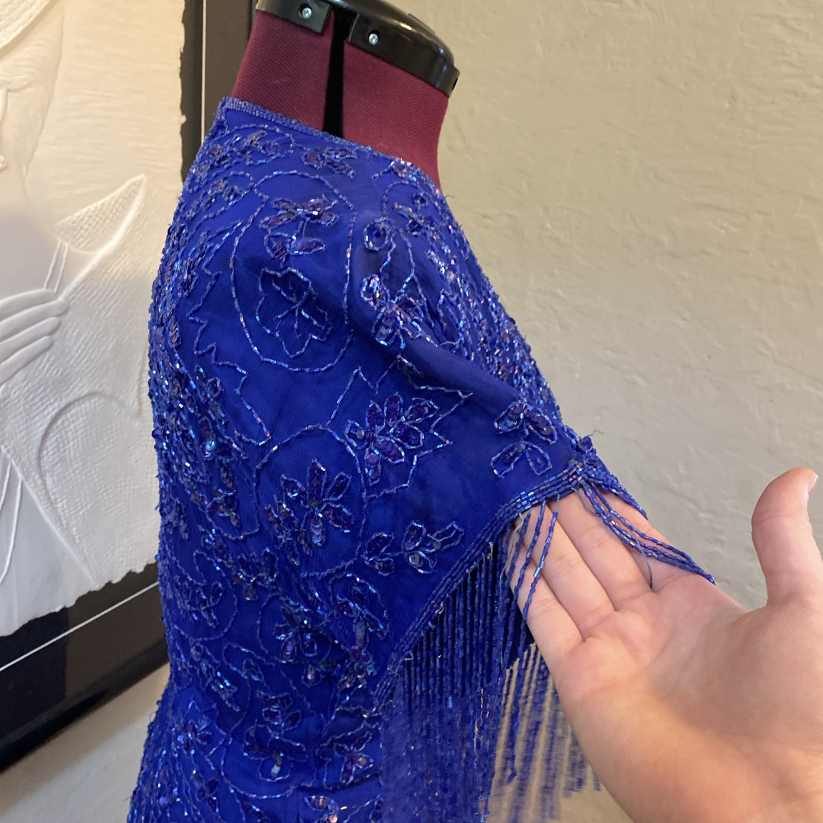Vintage 80s Dark Blue Silk Sequin Beaded Fringe Cocktail Formal Mini Dress Med