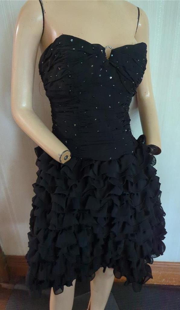 1980’S VINTAGE BLACK STRAPLESS RUFFLE BEADED XCITE PROM DRESS 33″ BUST
