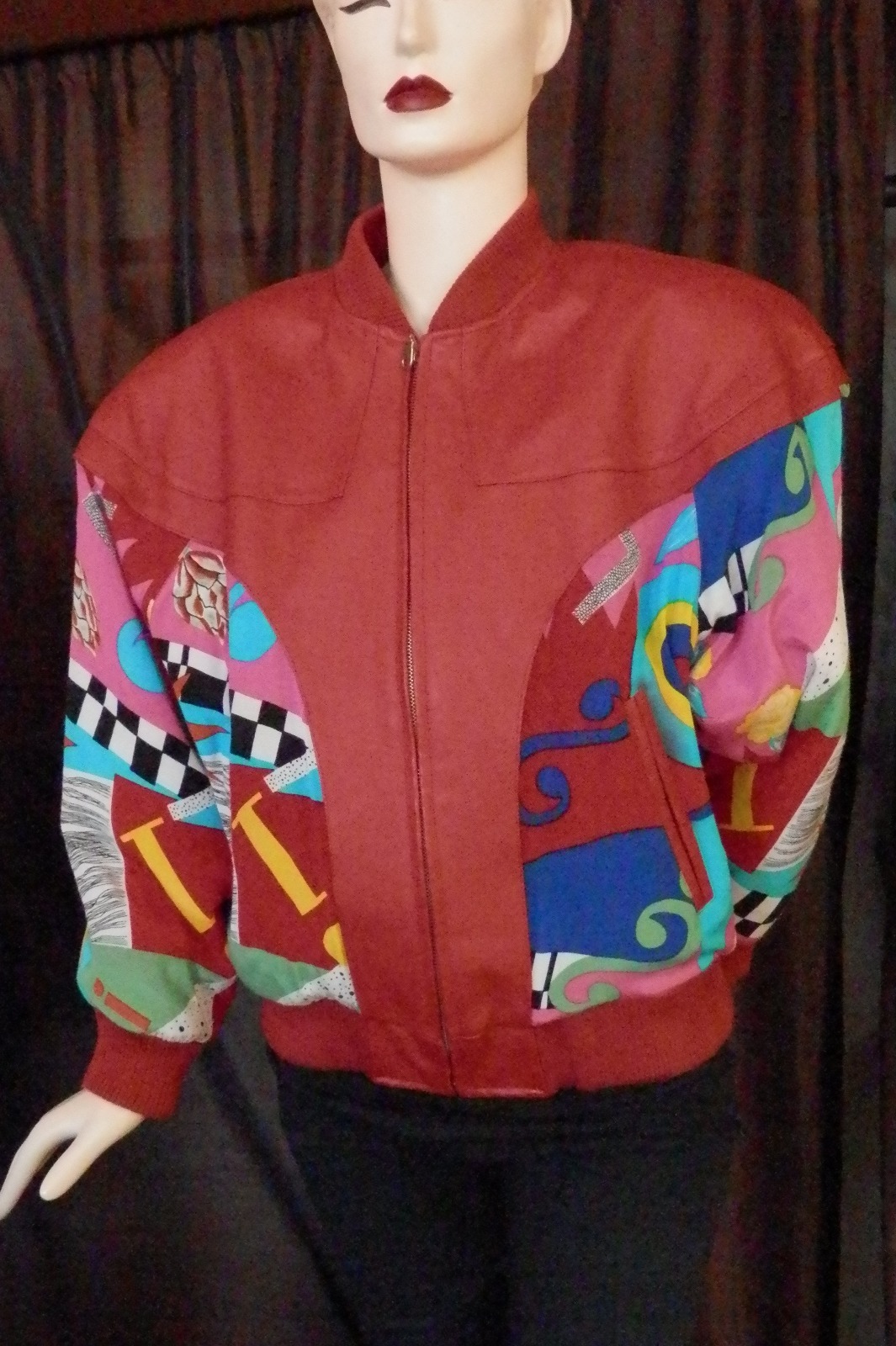 Unique Red Leather 25” Zip Jacket with Multi Color Abstract Rayon/Silk – sz10/12