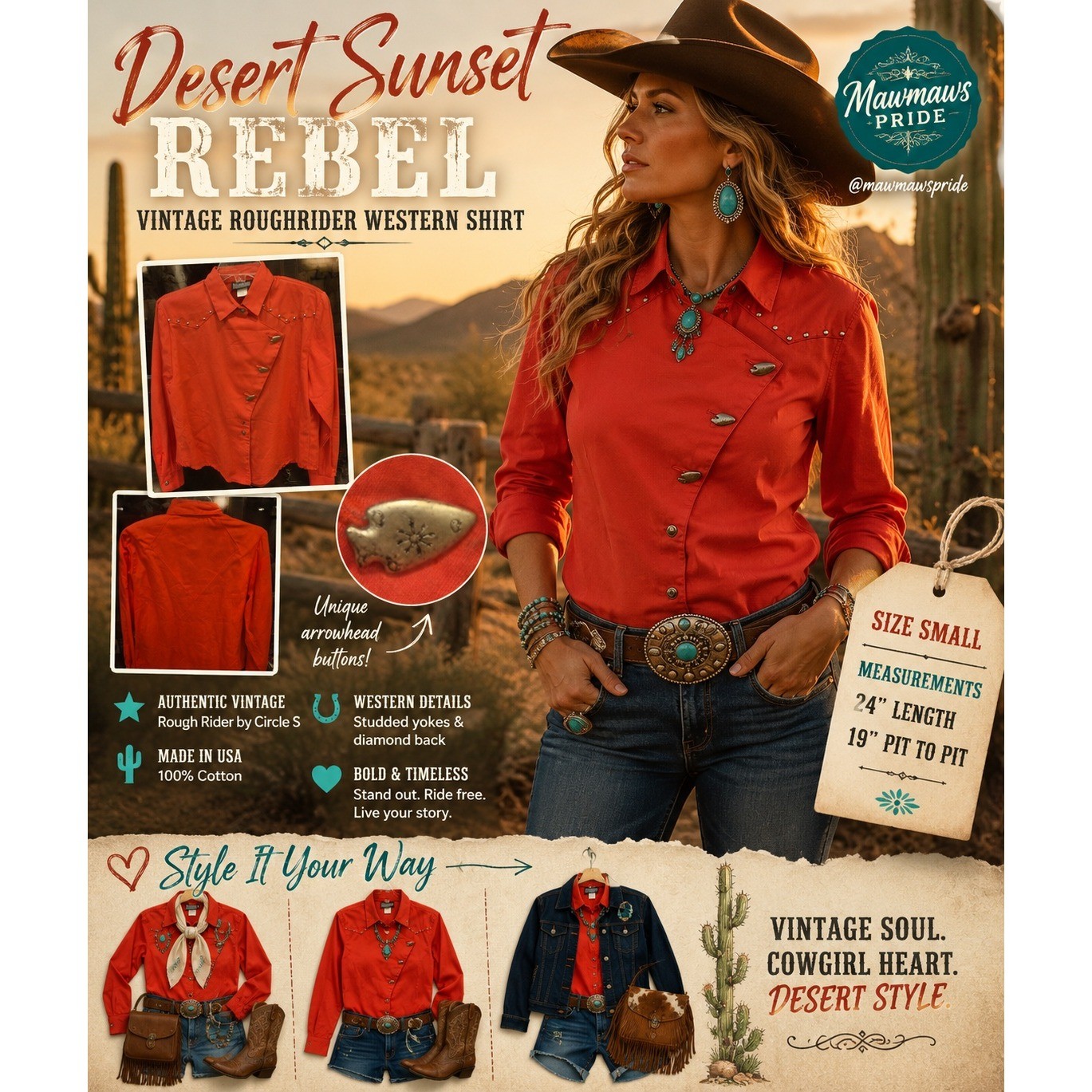 Desert Sunset Rebel Vintage 80s Rough Rider Western Shirt Red Studded USA Small