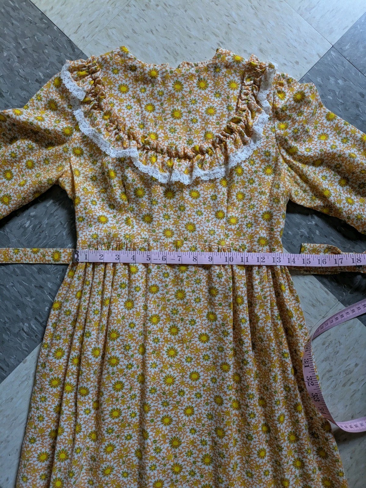 Vtg 1970 Psychedelic Floral Prairie Hostess Dress Yellow Orange Daisy Print Maxi
