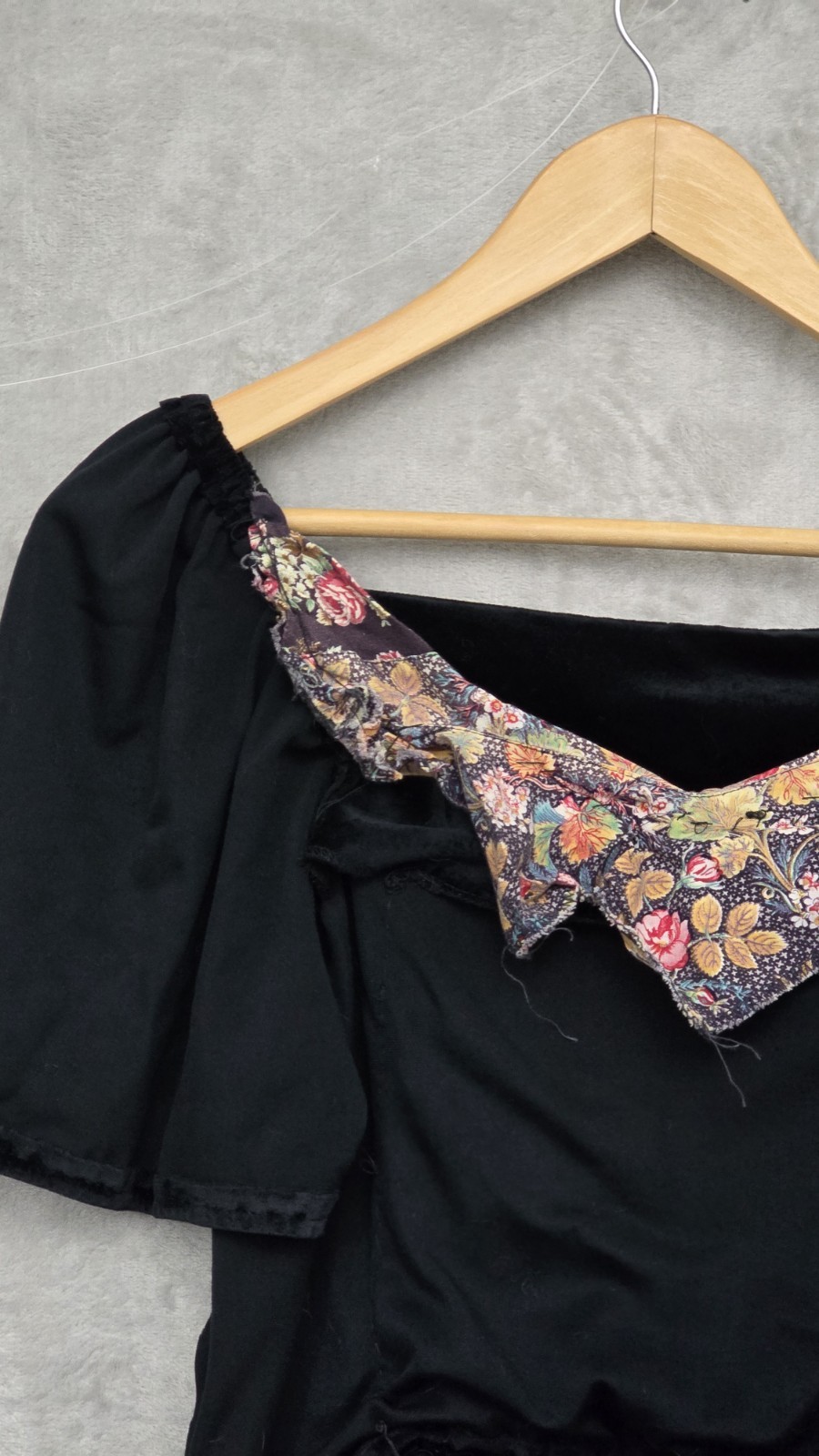 vintage 80s black velvet dirndl dress featuring a floral patterned bodice, Dress