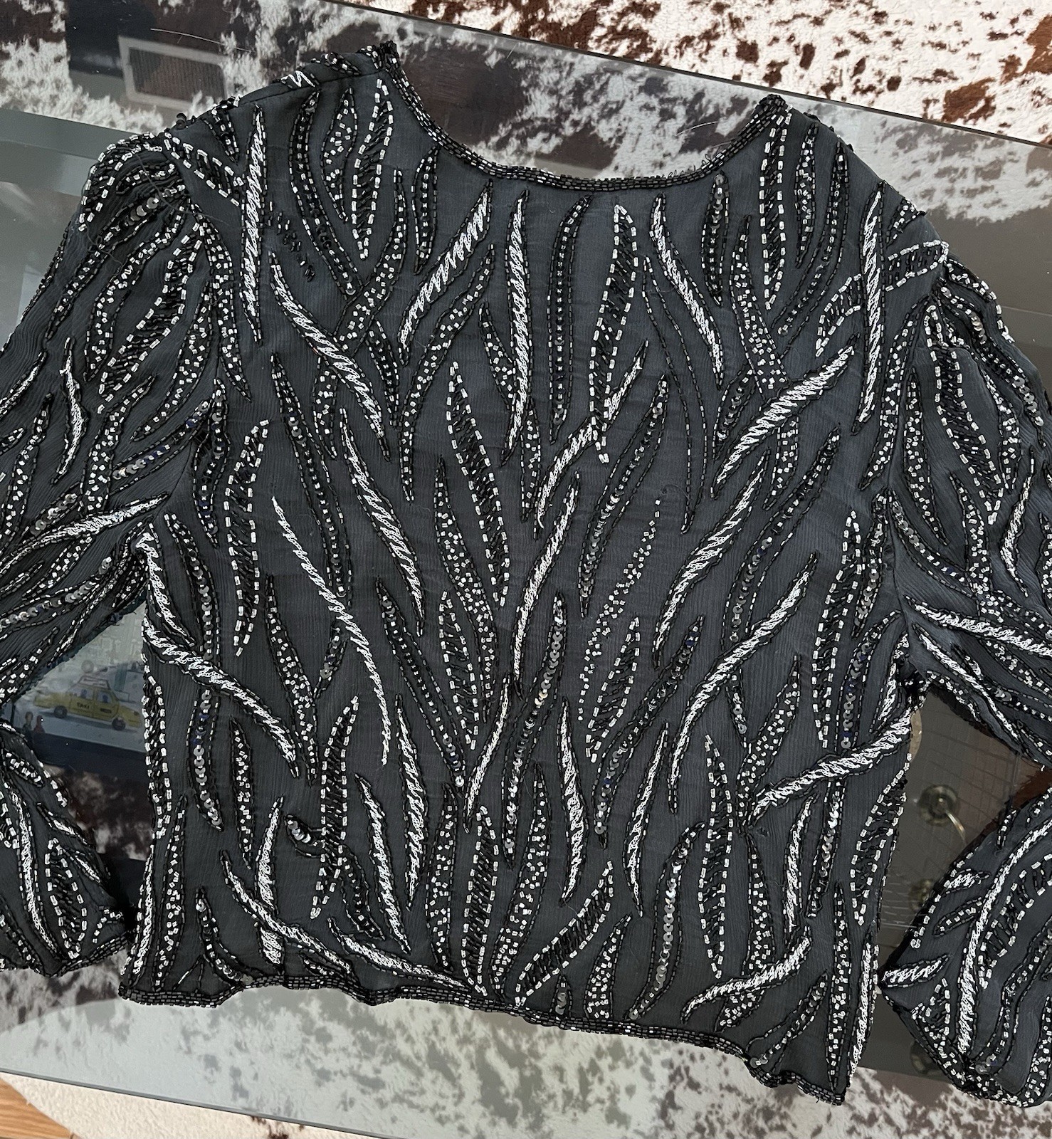 Vintage 80s Beaded Black & Silver 3/4 Sleeve Top with Clasp Closure – Sz: M