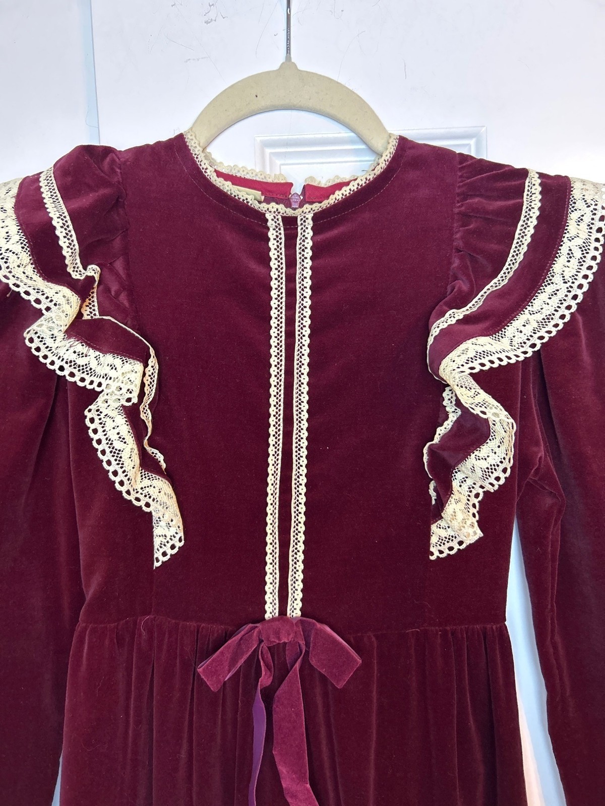 Vintage Burgundy Velvet Prairie Dress Lace Trim & Bow Detail Long Sleeve Ruffle