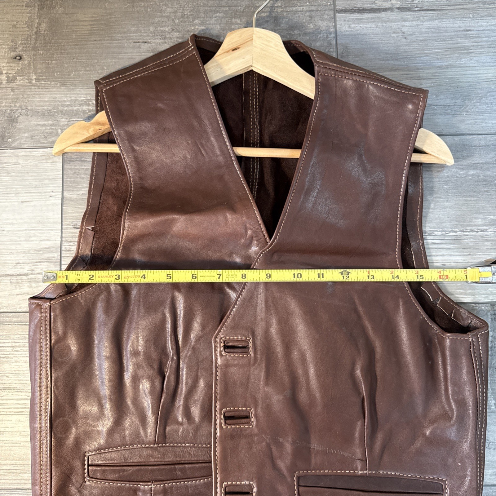 Vintage Brown Genuine Leather Vest Size 42 Sleeveless Western Button Front