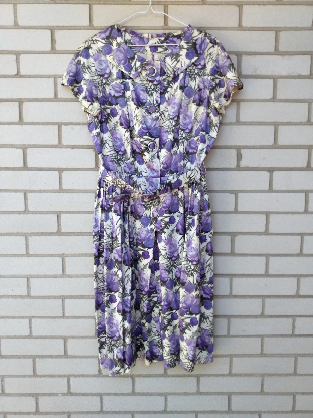 Vintage 50s Purple Rose Dress 42″ Bust 28.5″ Waist Rockabilly Tea Party 60s